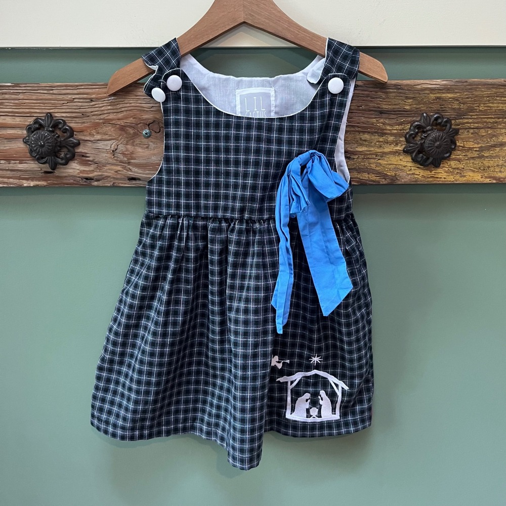 Lil Cactus Girls 4T Plaid Nativity Embroidered Christmas Jumper Dress Navy Green